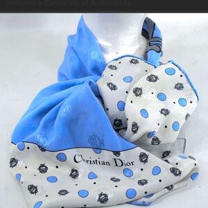 Authentic Dior White and Light Blue Polka Dot Silk Scarf with Black Emblem